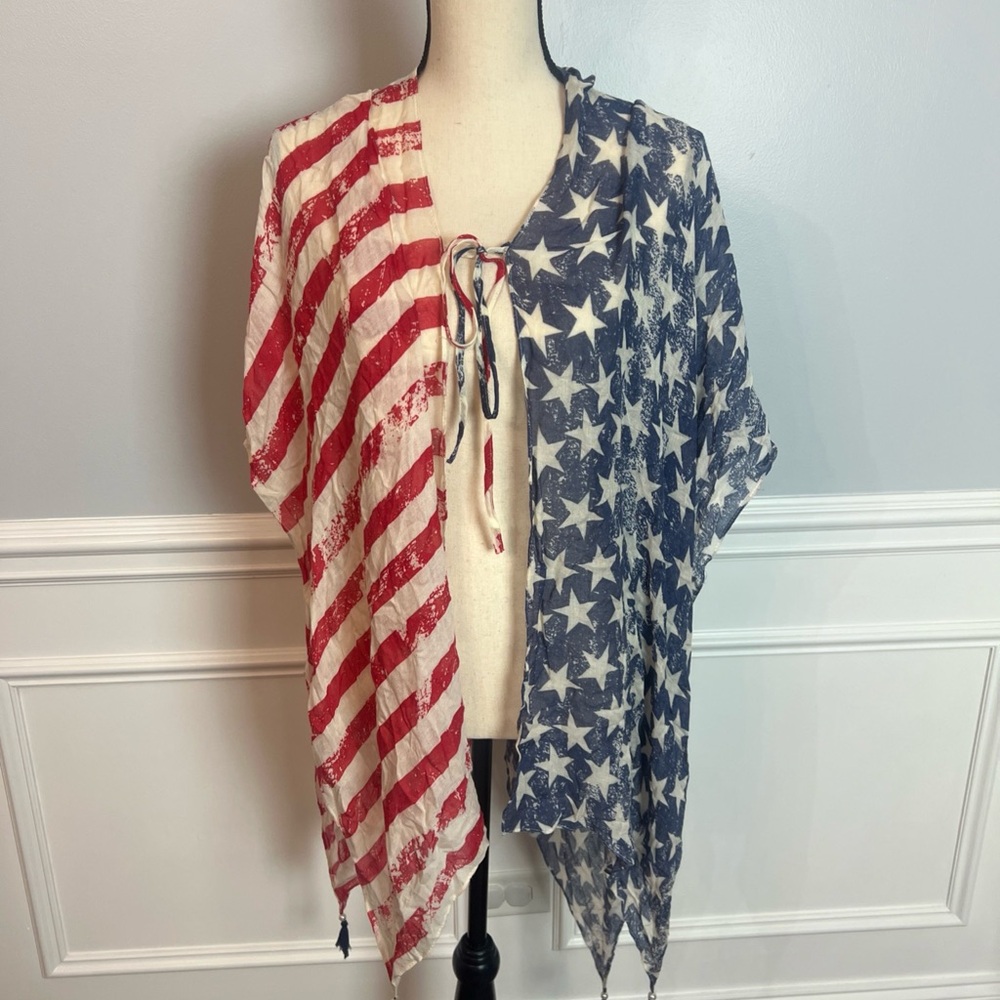 Krazy Kat American Flag Sheer Shawl Wrap One Size With Tie And Tassels